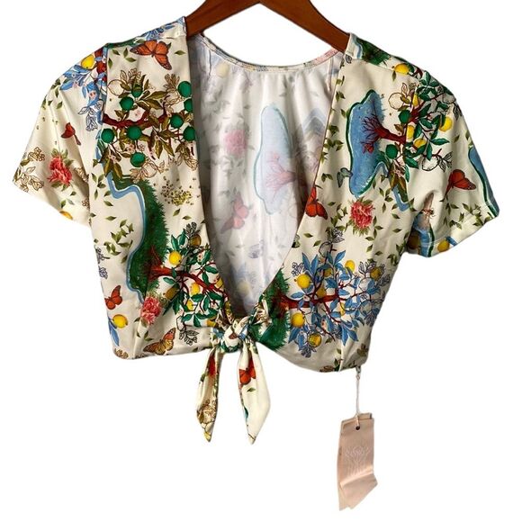 We Are Hah Free People All Tied Up Reversible Lemon Print Swim Top Tie Front - Picture 3 of 14